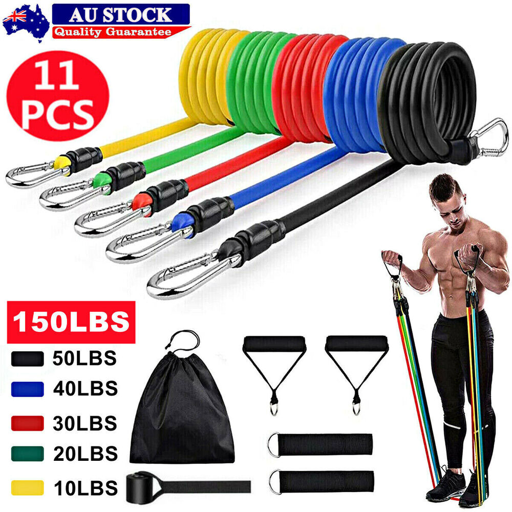 NEW 11PCS RESISTANCE FITNESS EXERCISE BANDS SET TUBE HOME DOOR YOGA LOOP GYM ABS